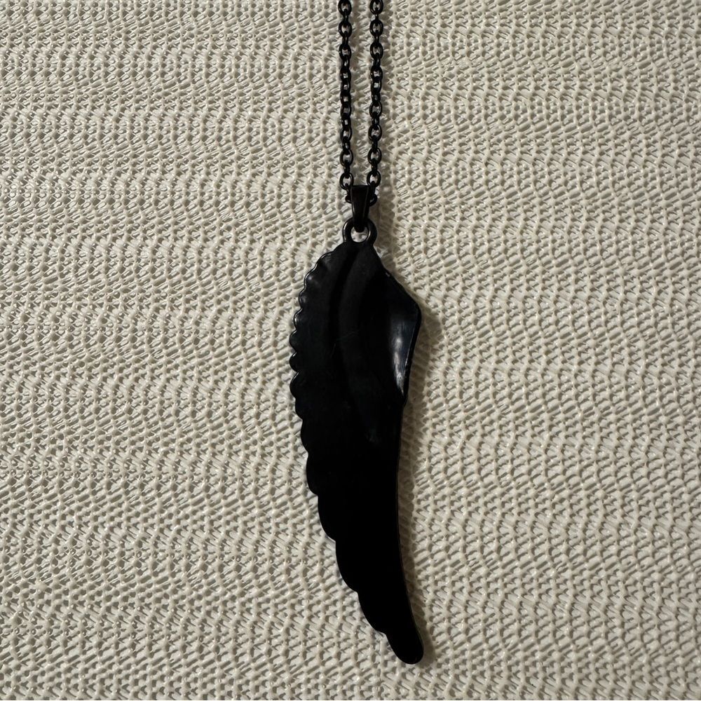 Black Angel Wing Pendant Necklace with Rhinestone Accents - Picture 5 of 5